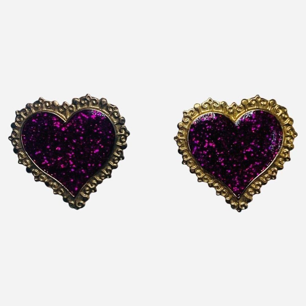 Vintage Large Sparkly Purple Glitter Gold Tone Oversized Heart Love Earrings